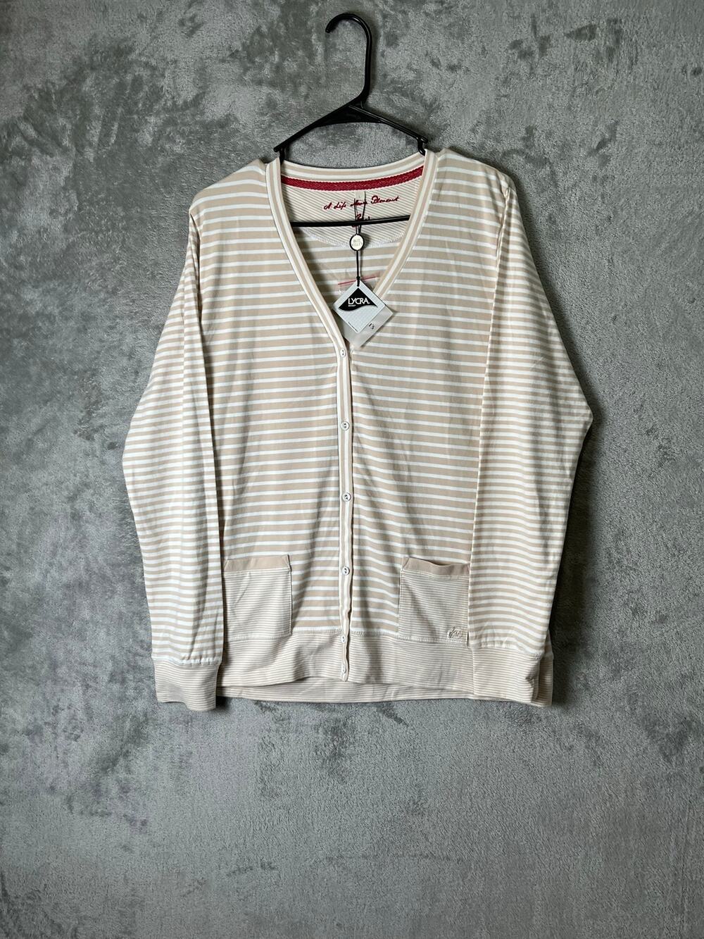Blue Willi's Striped Cardigan Sweater Beige White Button Front Women's Large New